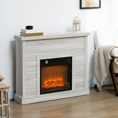 Electric Fireplace 1800W with Flame Effect and Remote Control, in Wood, Metal and Glass, 96.5x22x81.7 cm, Light Grey