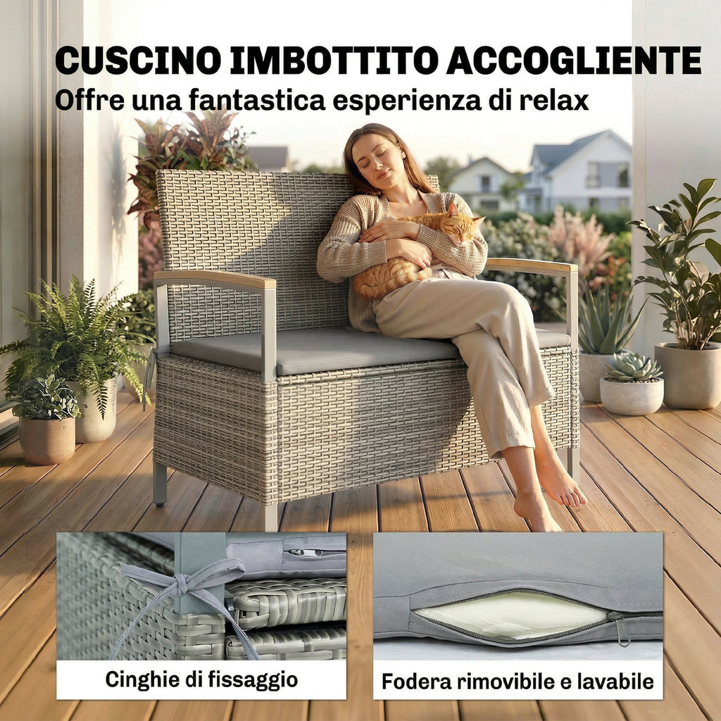 Outsunny 170L Garden Bench, 2 Seater Rattan with Cushion, Light Grey