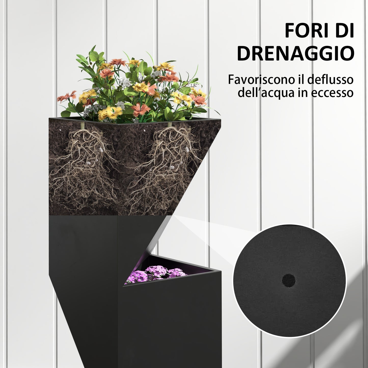 Outdoor Planter with 3 Growing Areas and Drainage Holes, Black Metal, 30x30x100 cm