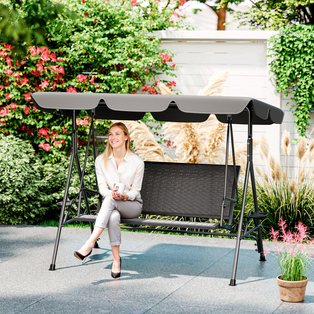 Outsunny 3-Seater Garden Swing in PE Rattan and Steel with Canopy and Cup Holder, 204x112x150 cm, Grey
