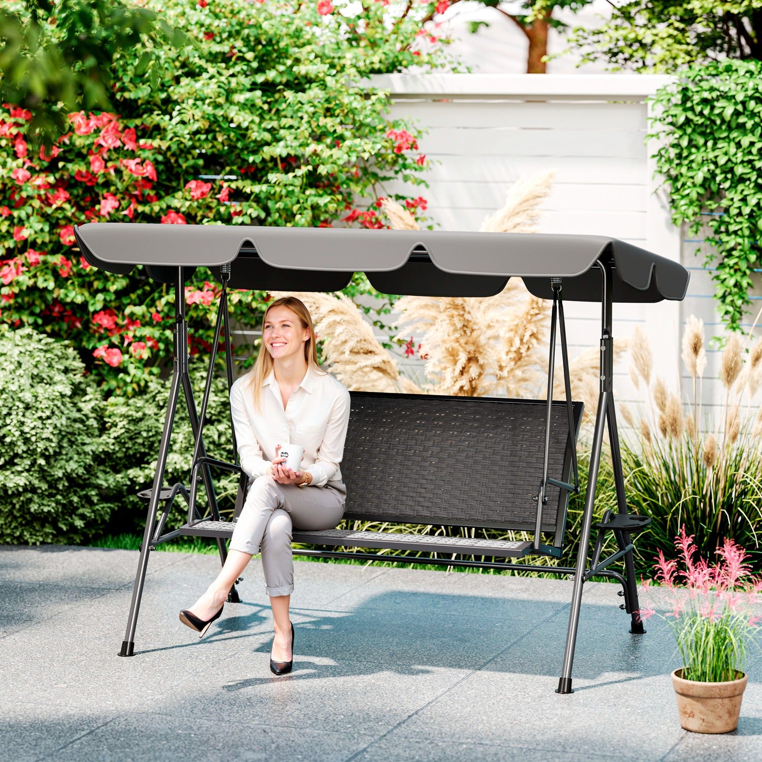 Outsunny 3-Seater Garden Swing in PE Rattan and Steel with Canopy and Cup Holder, 204x112x150 cm, Grey