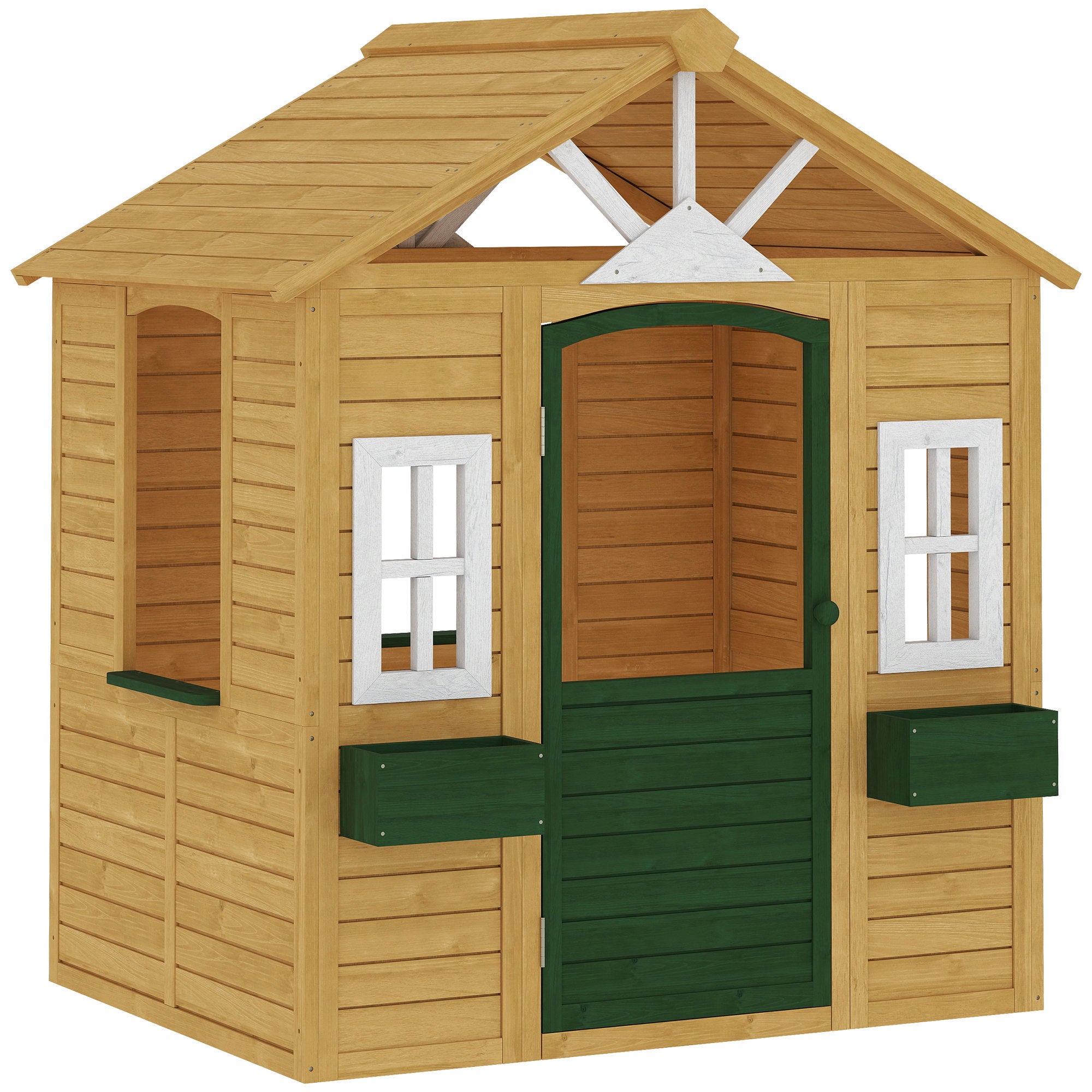 AIYAPLAY Children's Garden Playhouse Made of Fir Wood with Windows, 2 Planters, Door and Roof, Ages 3-8, Brown