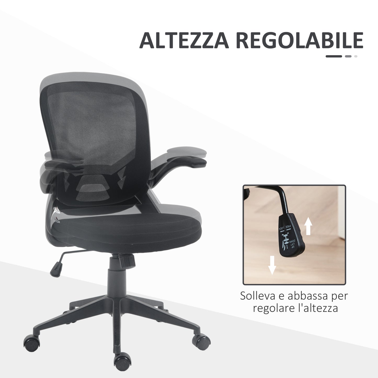 HOMCOM Ergonomic Office Chair with Adjustable Height, Folding Armrests and Mesh Fabric, Black - Borgè