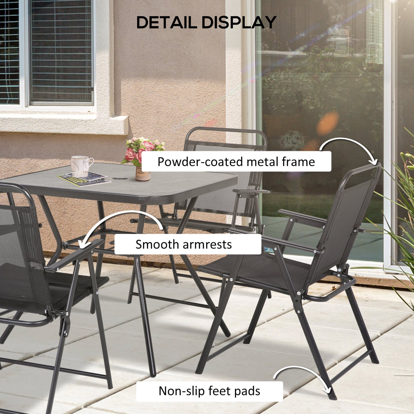 Outsunny garden set with 4 folding chairs with armrests and table with hole for umbrella, black - Borgè