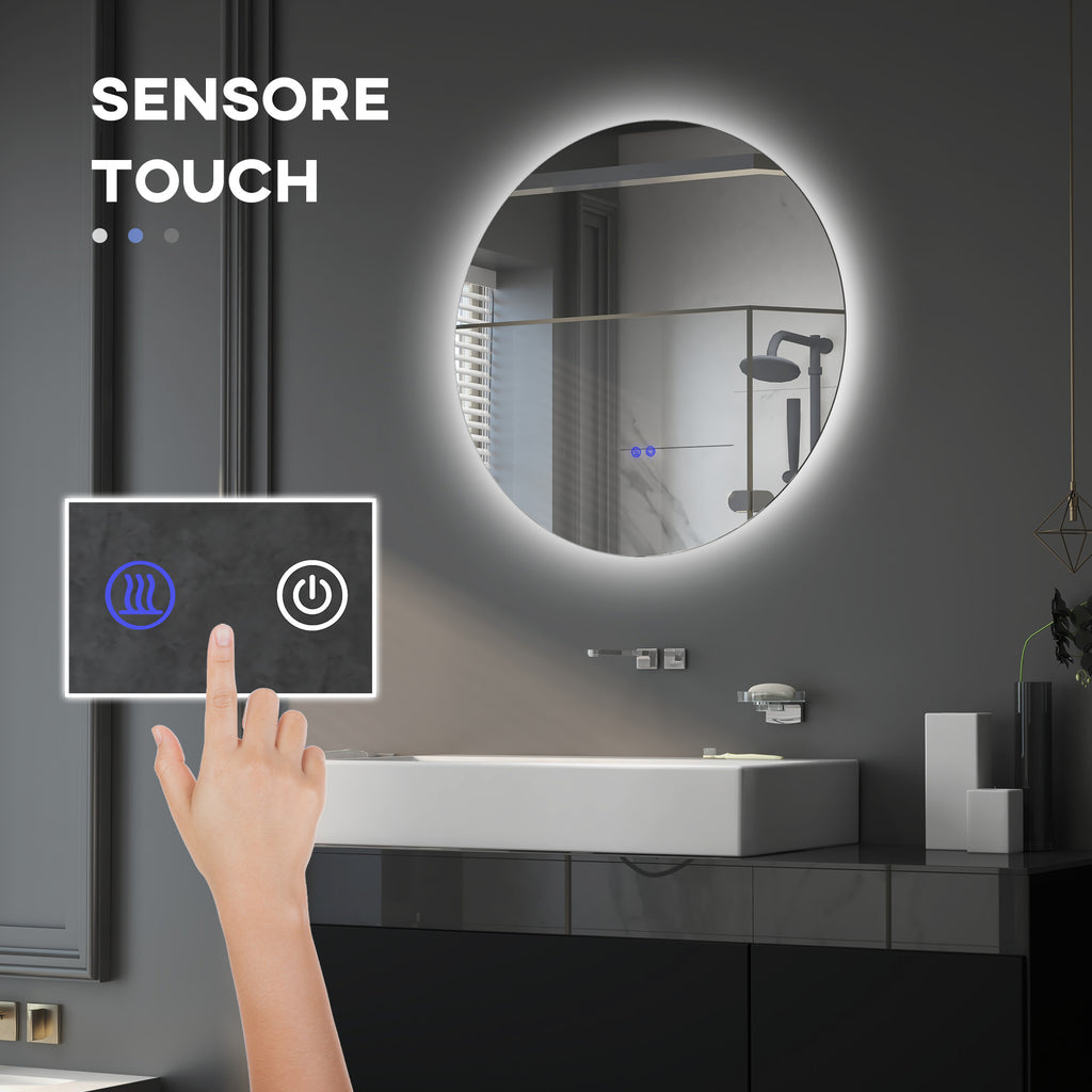 Bathroom Mirror with Dimmable LED Lights, Touch Switches and Anti-Fog Design, Ø70 cm