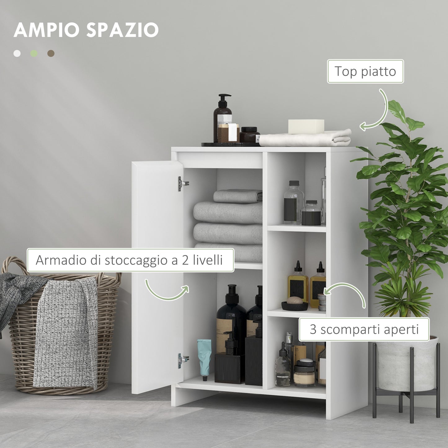 Bathroom Cabinet with 3 Open Shelves and One-Door Cabinet with Adjustable Shelf, 53x30x80cm, White