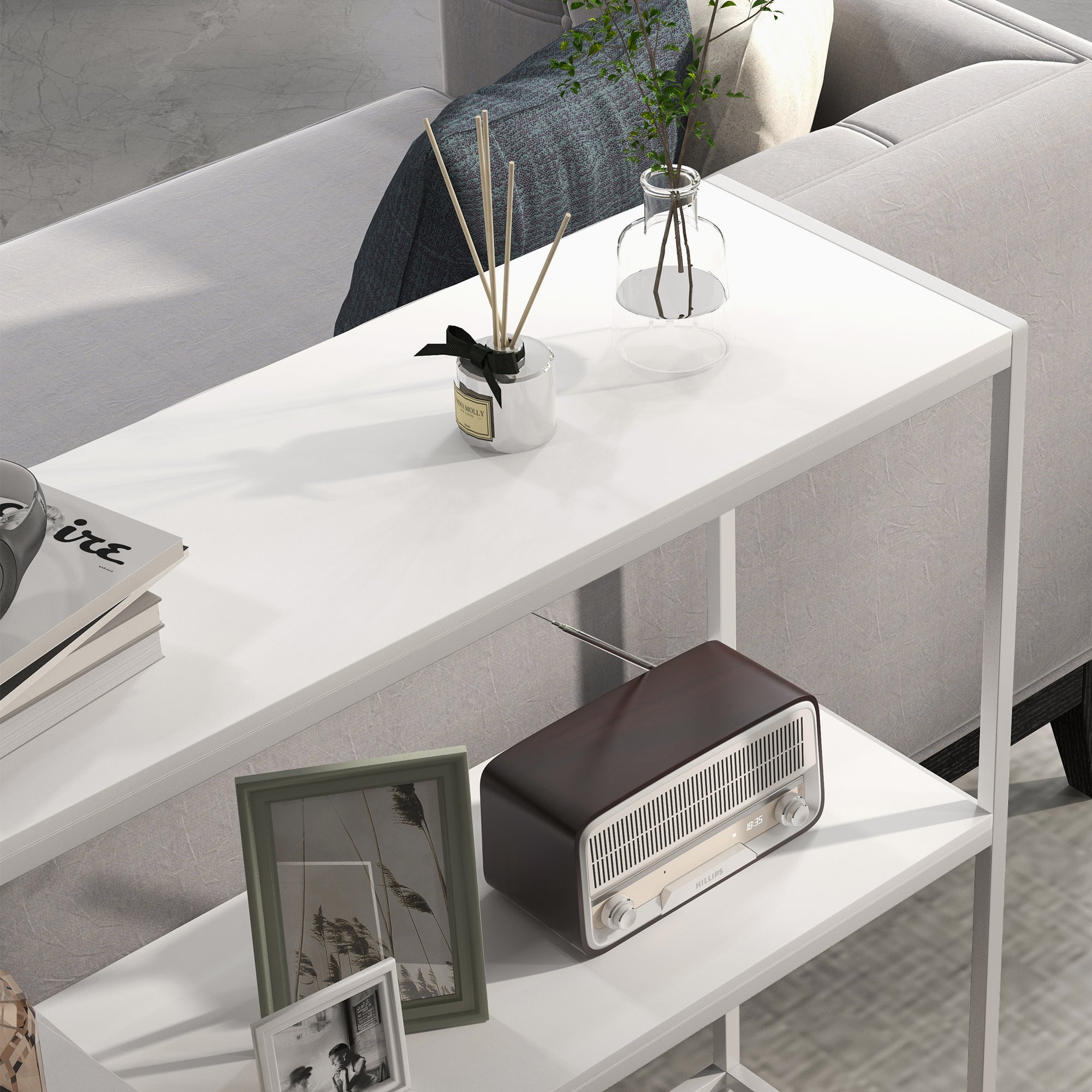 Console Table for Entrance Hall with Open Shelf, in Steel and Chipboard, 100x30x87 cm, White - Borgè