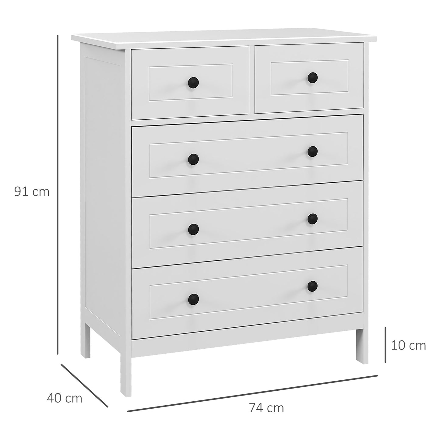 Chest of drawers with 5 space-saving and anti-tipping wooden drawers, 74x40x91cm, White