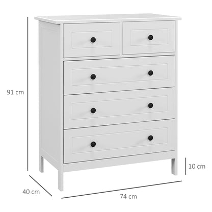 Chest of drawers with 5 space-saving and anti-tipping wooden drawers, 74x40x91cm, White