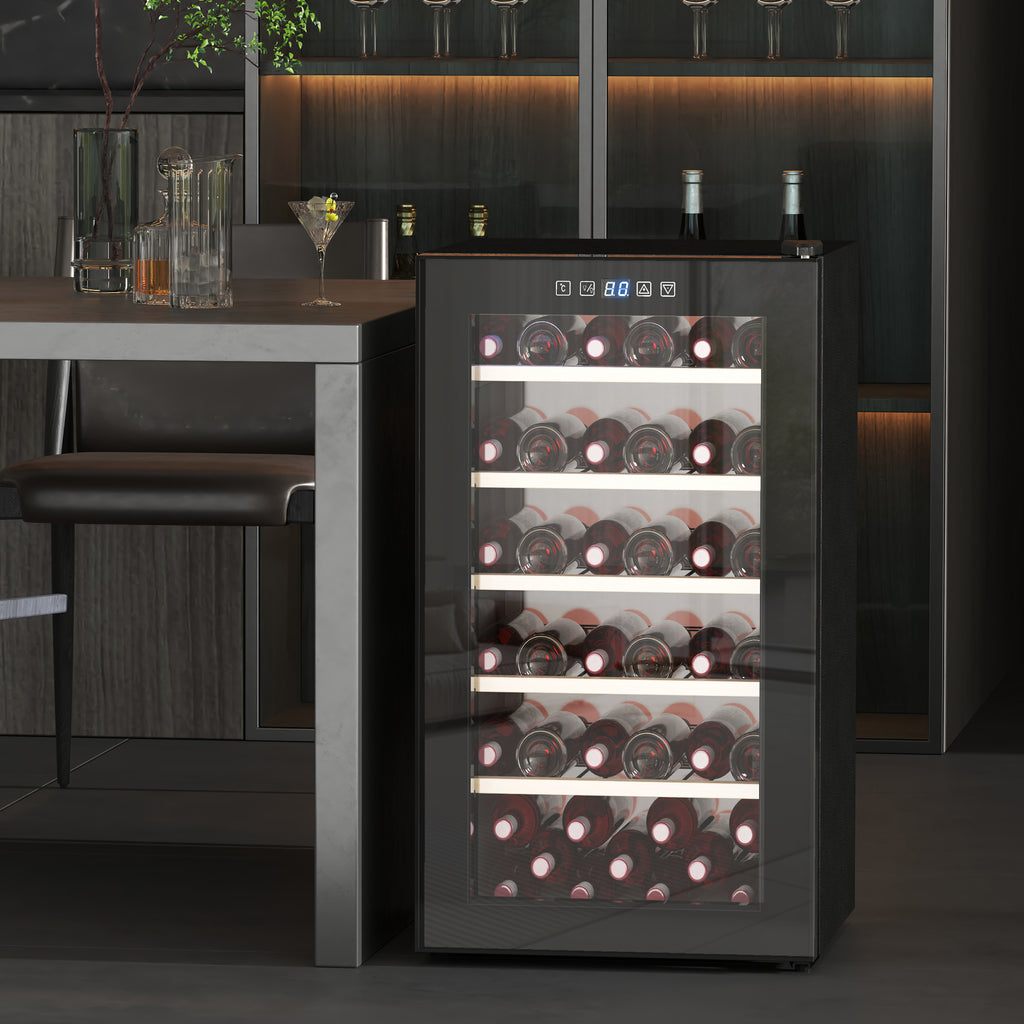 Wine Refrigerator for 41 Bottles, 91L Capacity, Temperature Control and Wooden Shelves, Black