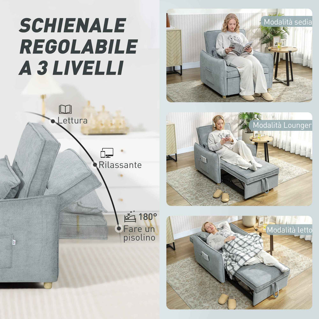 HOMCOM 3-in-1 Reclining Sofa Bed with Cushion, Chenille Upholstery, 88x84x87 cm, Grey