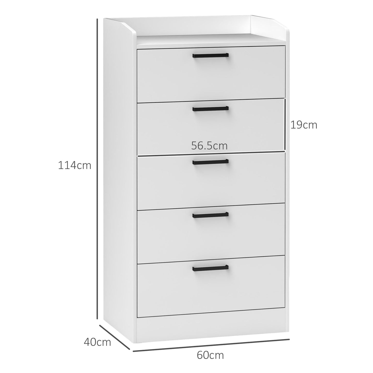 Wooden 5-Drawer Chest of Drawers with Steel Handles, 60x40x114 cm, White