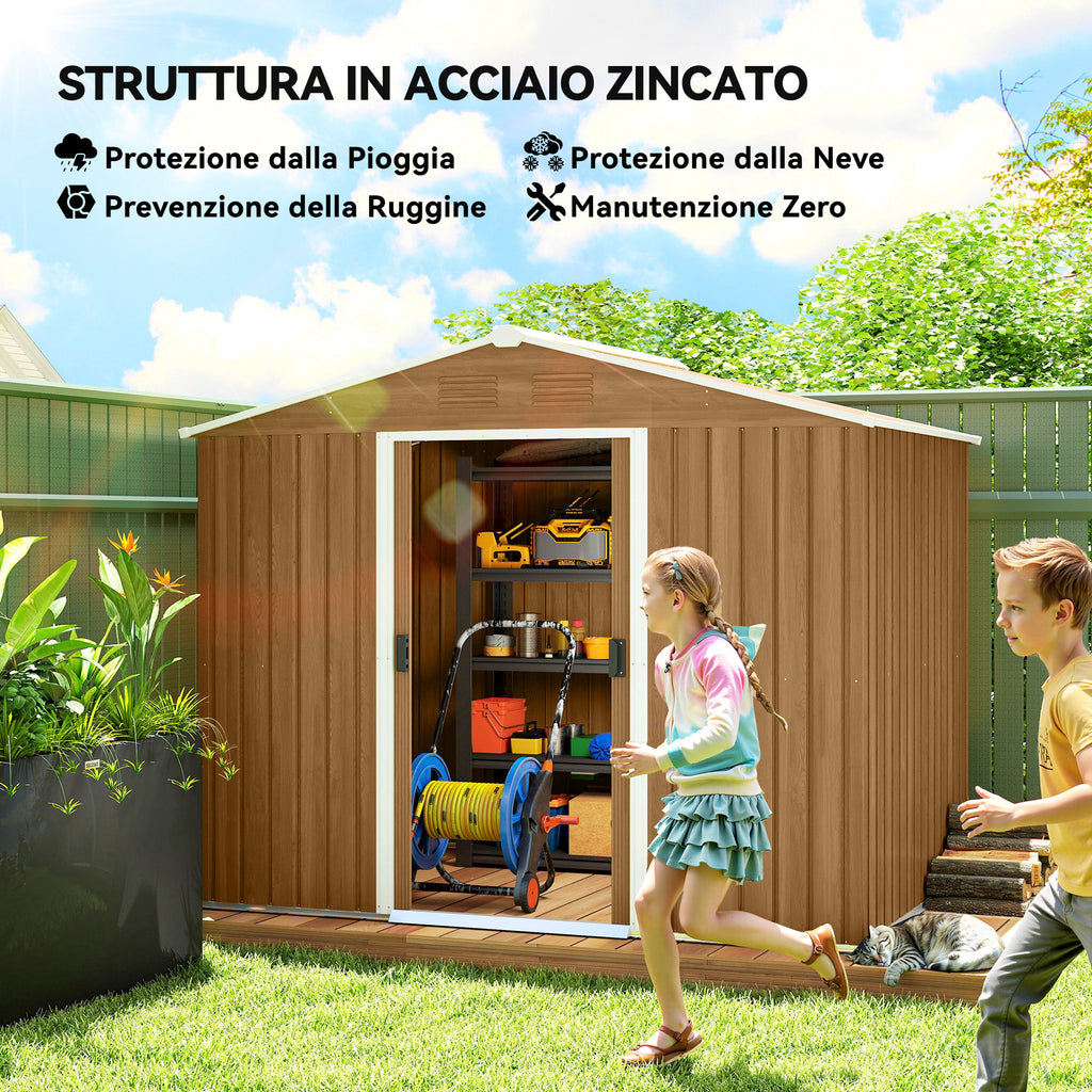 Steel Sheet Garden Shed with Sliding Doors, 236x174x190cm, Brown