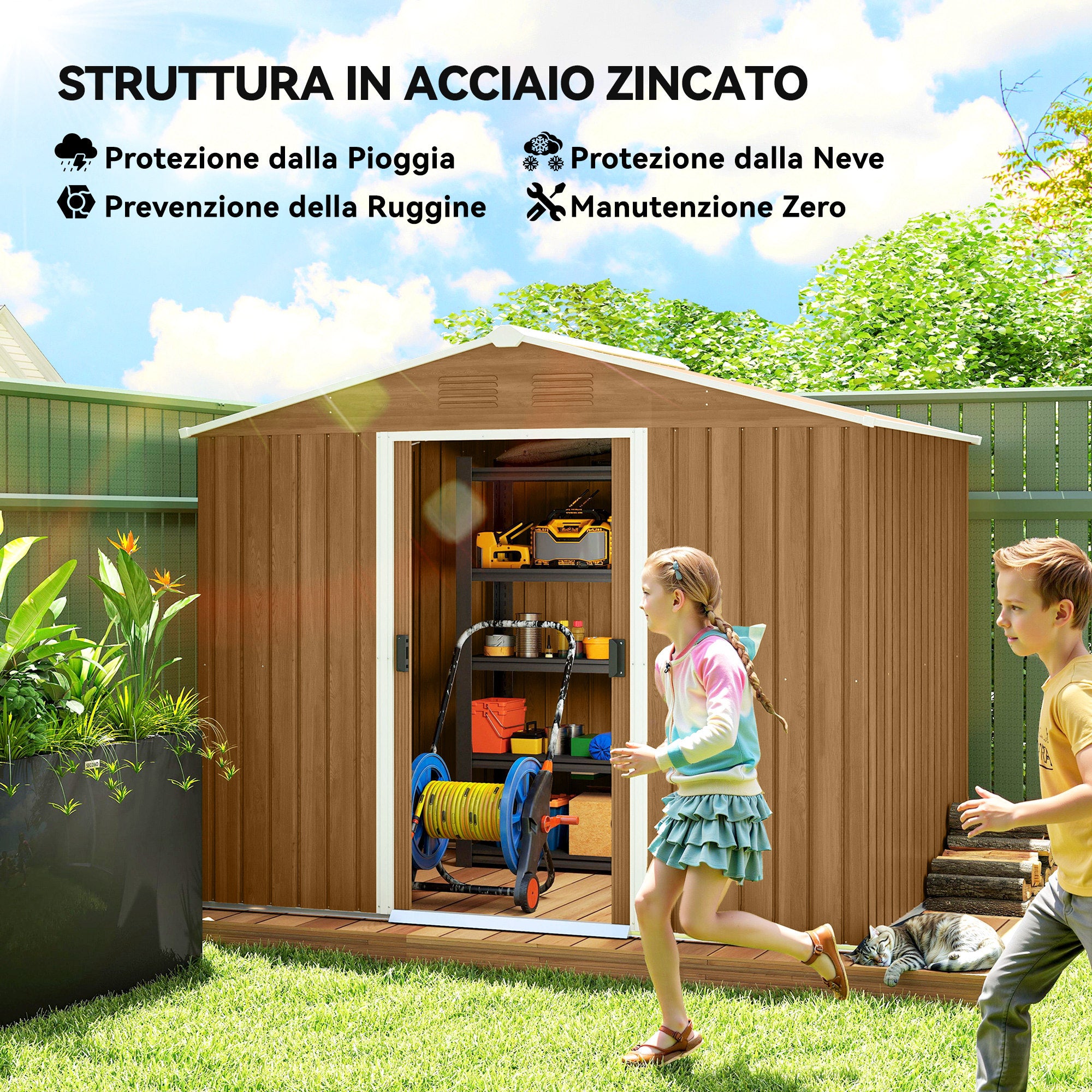 Steel Sheet Garden Shed with Sliding Doors, 236x174x190cm, Brown