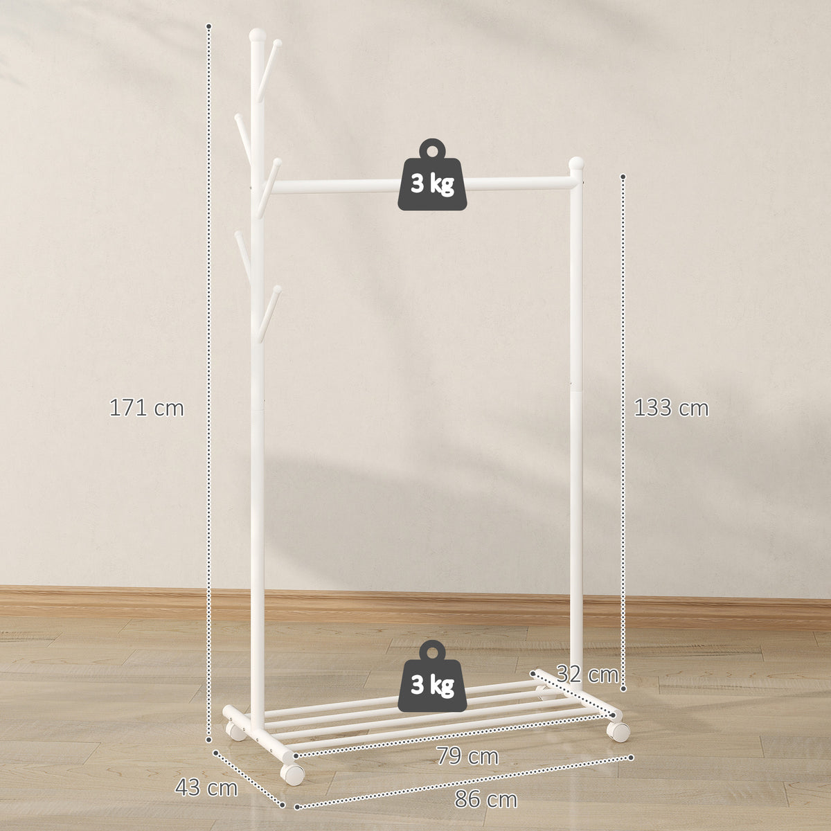 HOMCOM Metal Coat Rack with Wheels, 5 Hooks and Lower Shoe Shelf, Load Capacity 9 kg, White