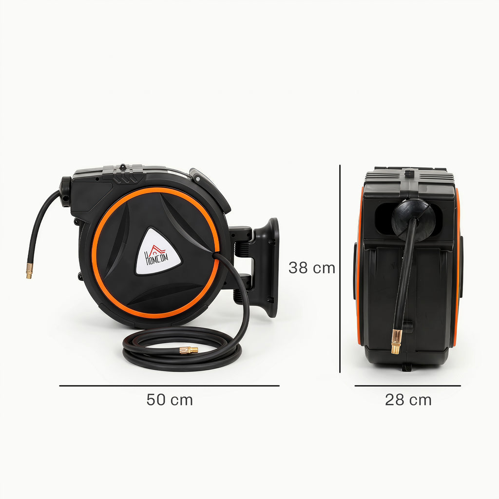 HOMCOM 20m Automatic Retractable Hose Reel, Max 300 Bar, Wall Mounted and 180° Rotatable, Black and Orange
