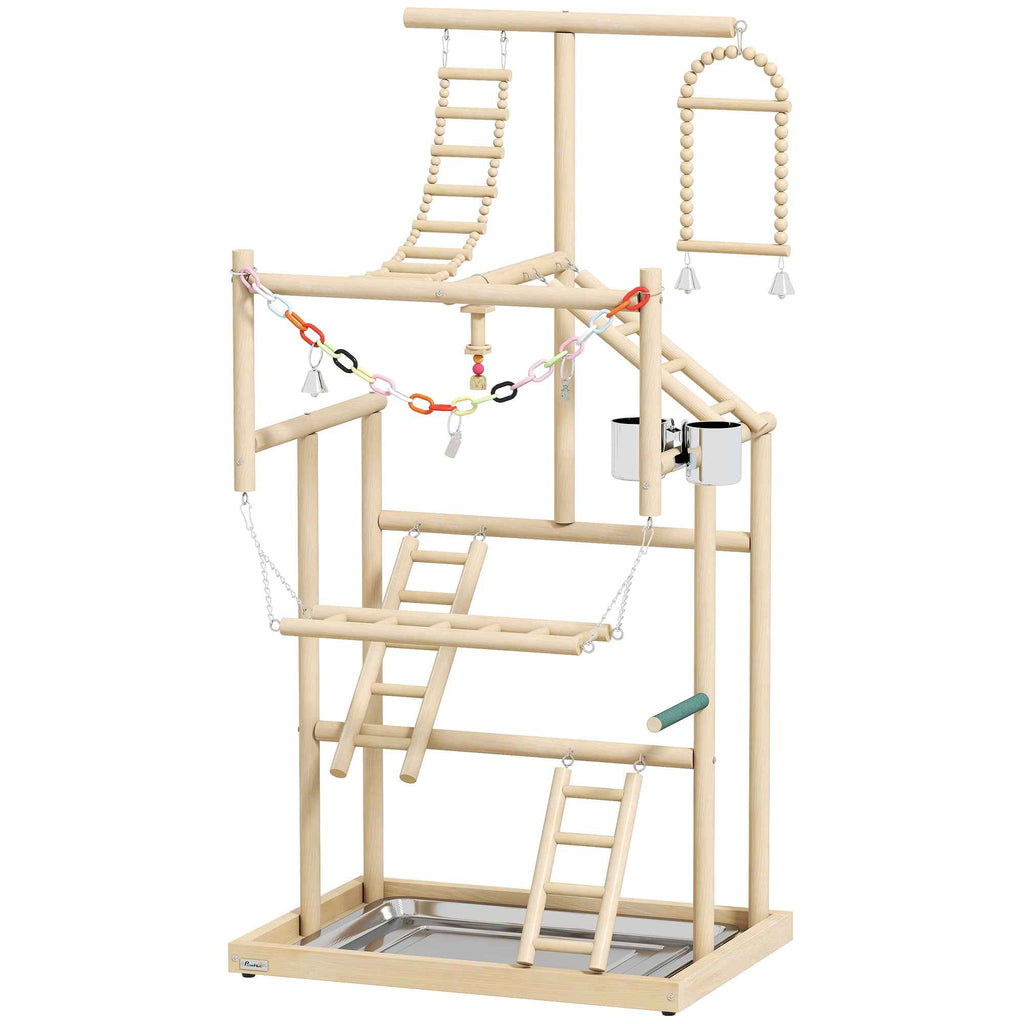 PawHut Parrot Perch with Toys, Ladders, Chains, Bowls, Removable Tray and Perches, Natural Wood