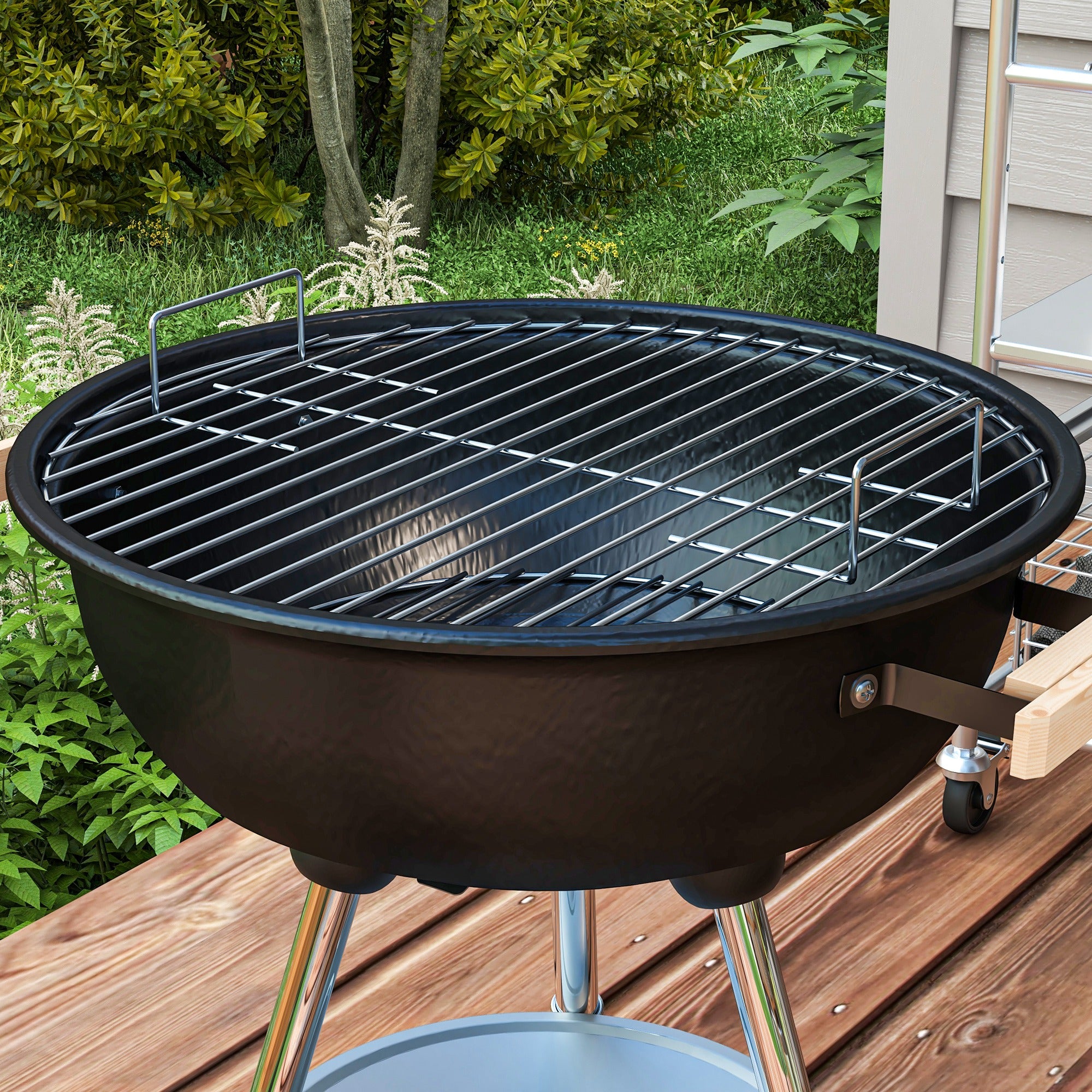Charcoal Barbecue with Steel Grill, Lid and Air Vents and Wheels, Black