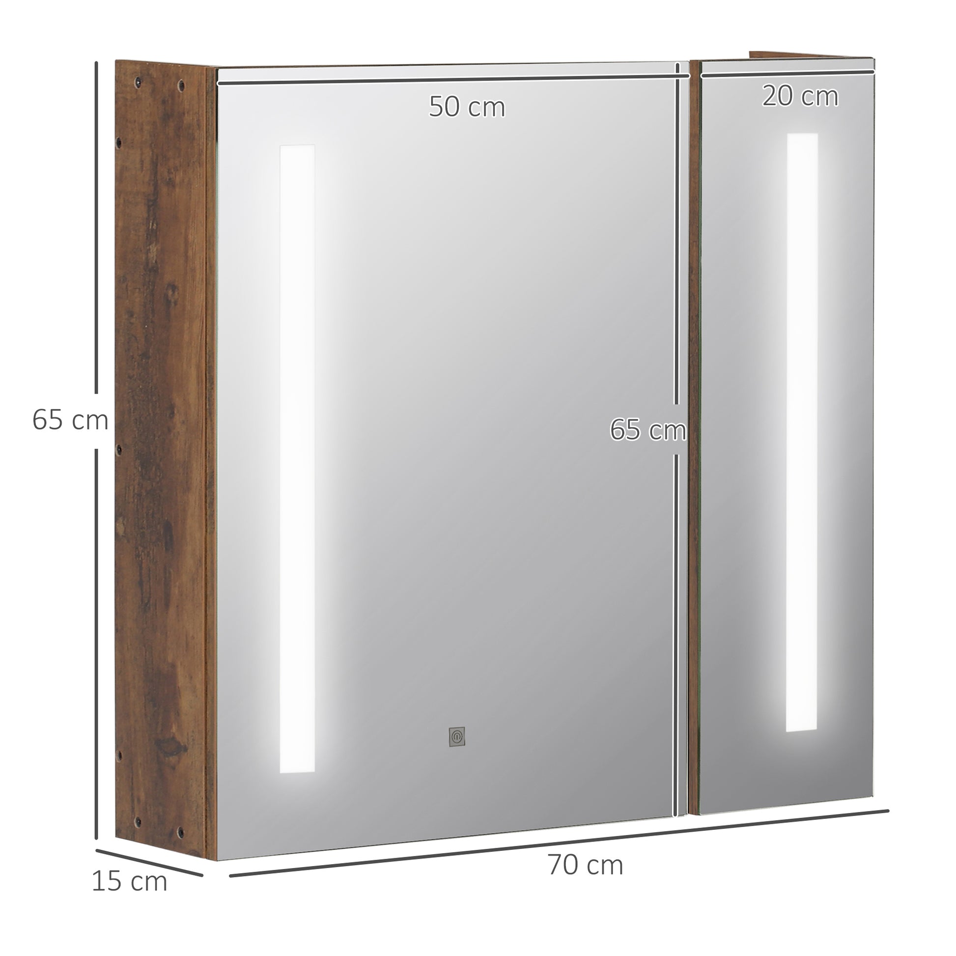 kleankin Bathroom Mirror with Adjustable LED Lights, 2 Doors and Adjustable Shelf, 70x15x65cm, Brown - Borgè