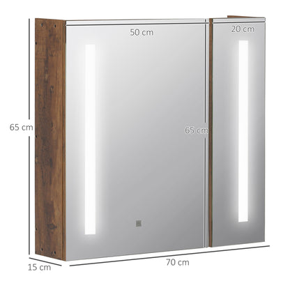 kleankin Bathroom Mirror with Adjustable LED Lights, 2 Doors and Adjustable Shelf, 70x15x65cm, Brown - Borgè