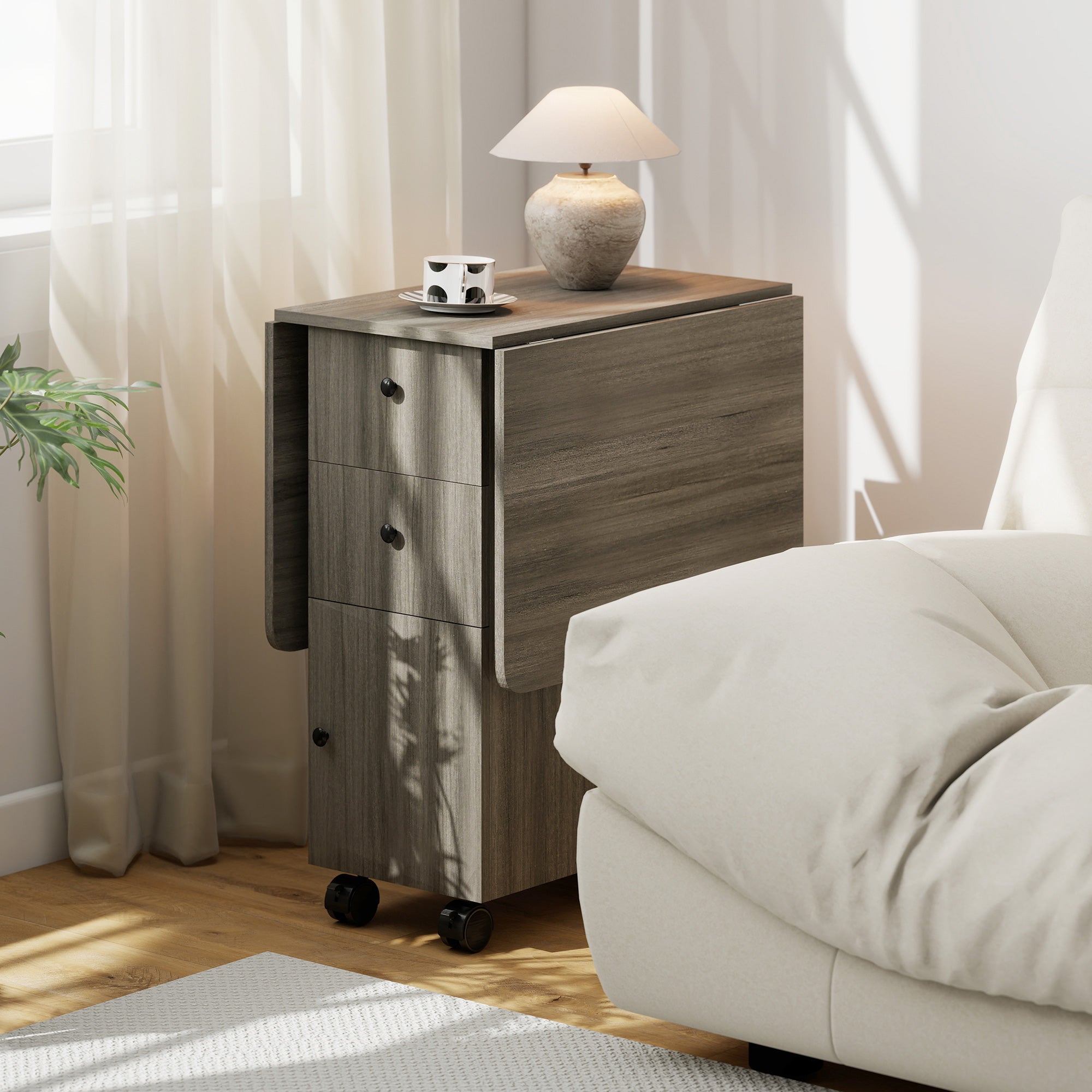 6-Wheel Drop-Leaf Table with 2 Drawers and Cabinet Doors, Wooden, 120x60x76.5 cm, Grey