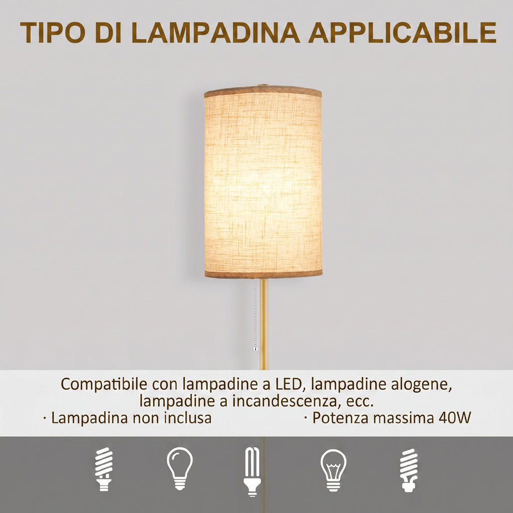 HOMCOM Floor Lamp with Pull Chain Switch, Linen Shade and Steel Base, E27 Socket, Gold and Cream