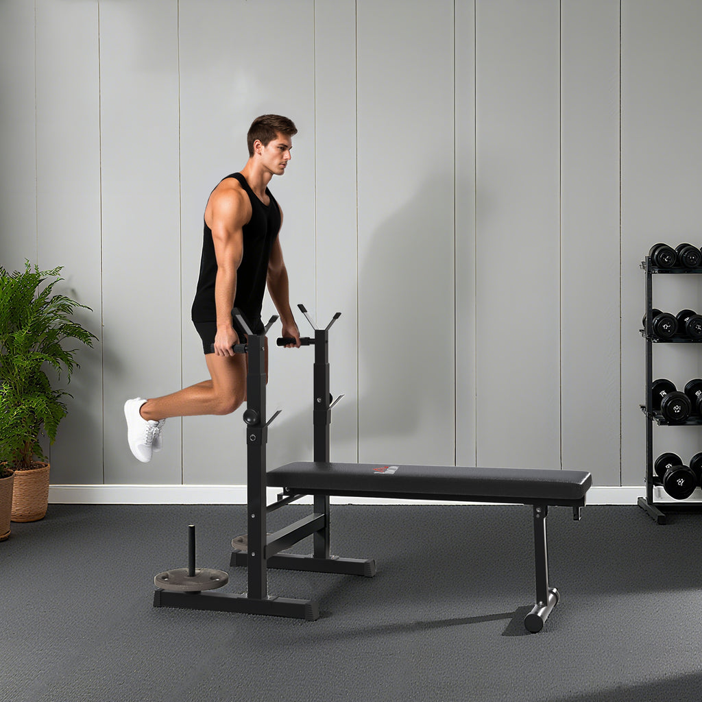 Folding Weight Bench with 8 Adjustable Heights and Steel and PU Barbell Rack, 140x73x98-122 cm, Black