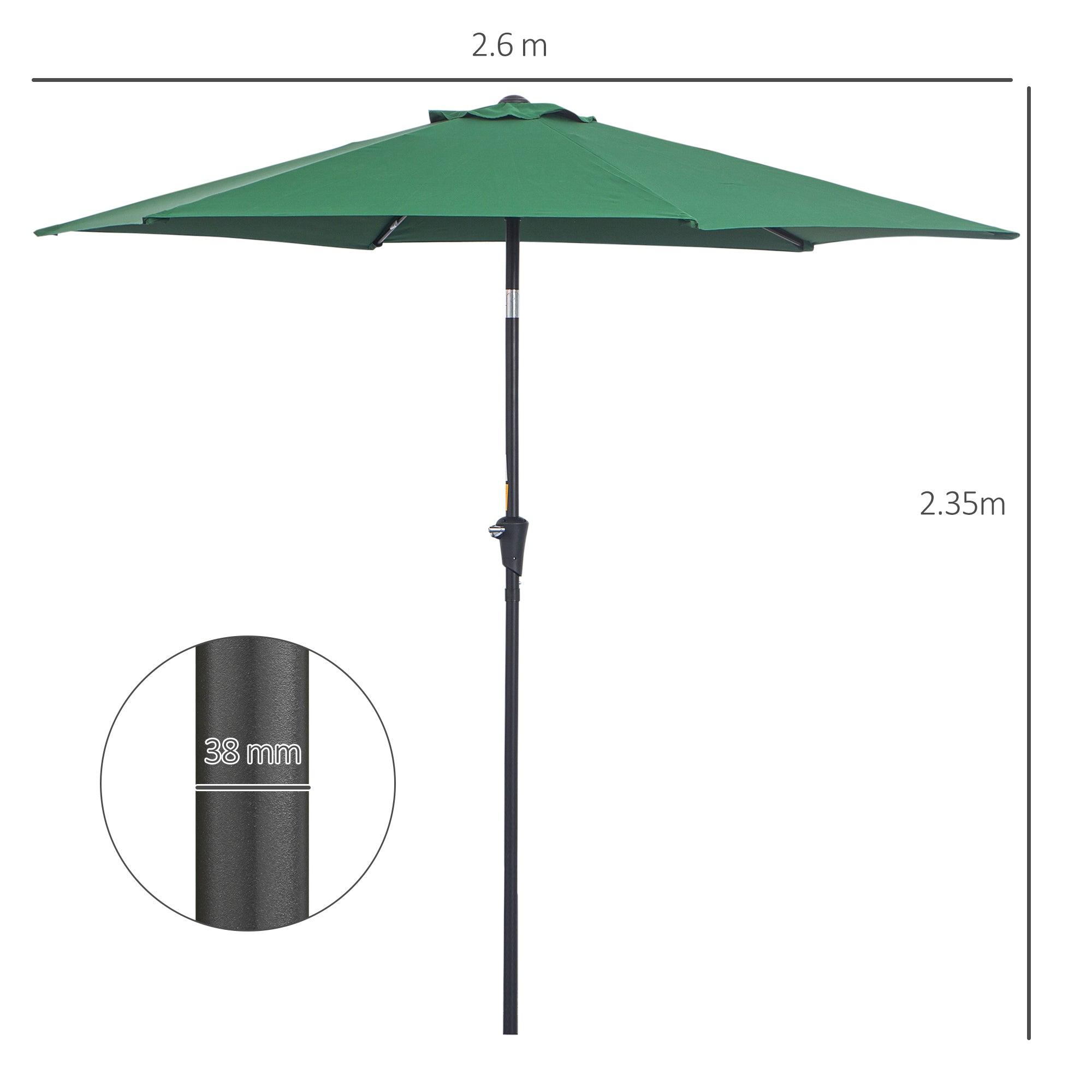 2.6x2.4m Garden Umbrella with Tilting Head, in Aluminum and Polyester, Dark Green and Black