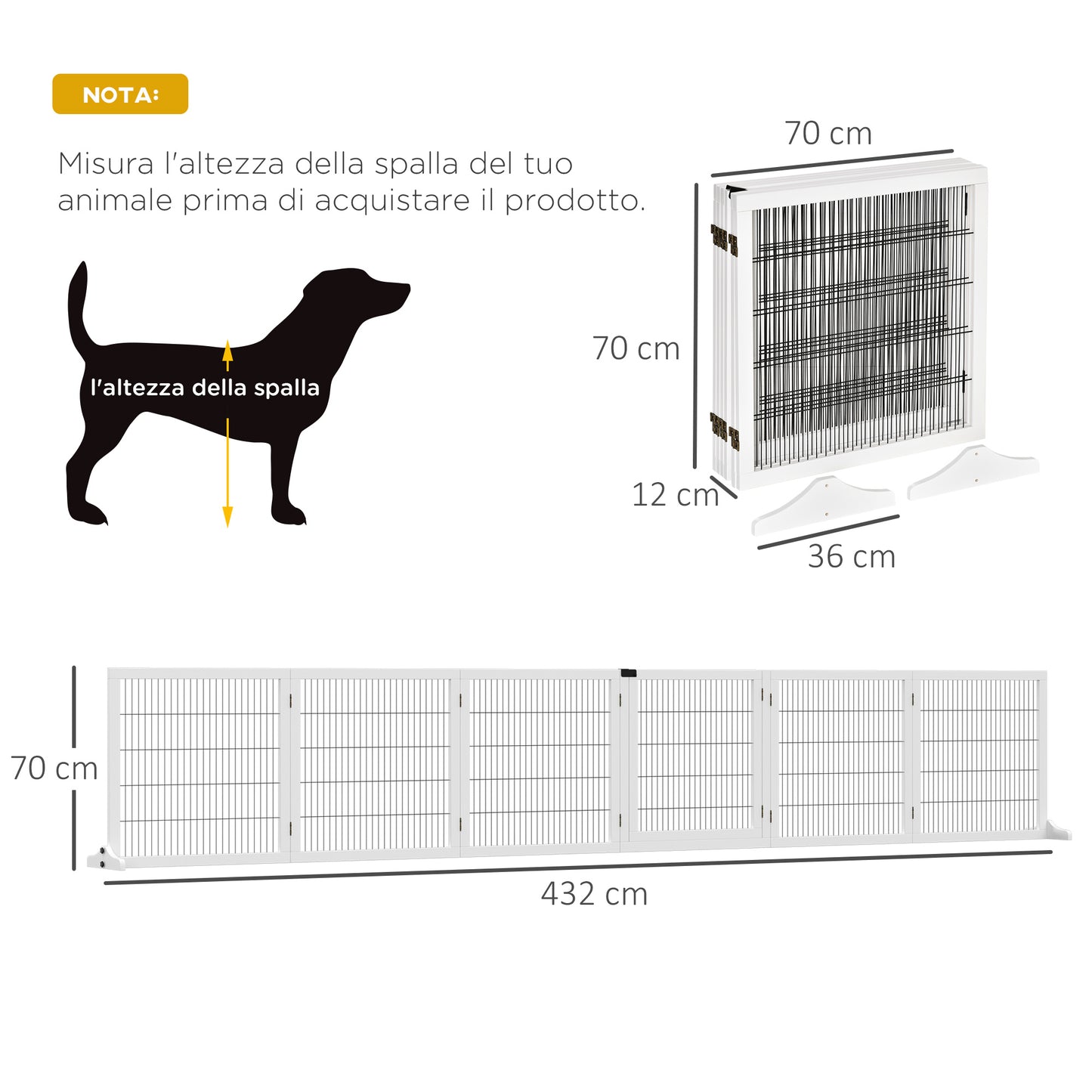 Gate for Small/Medium Size Dogs with 6 Folding Panels, in Wood and Steel, 432x36x70 cm, White