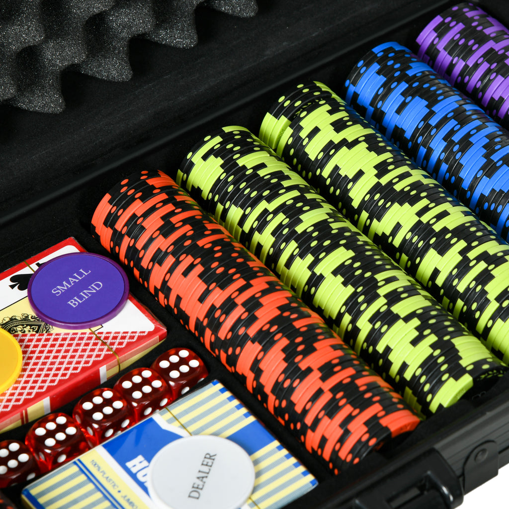 SPORTNOW Poker Set with 500 Chips, 2 Decks of Cards, 5 Dice, Buttons and Protective Black Aluminum Case
