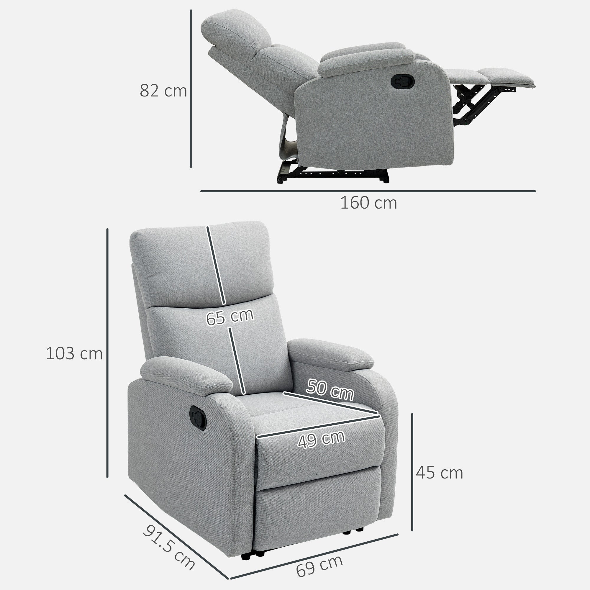 Manually Reclining Armchair at 60° Extra Padded in Fabric with Footrest, Gray