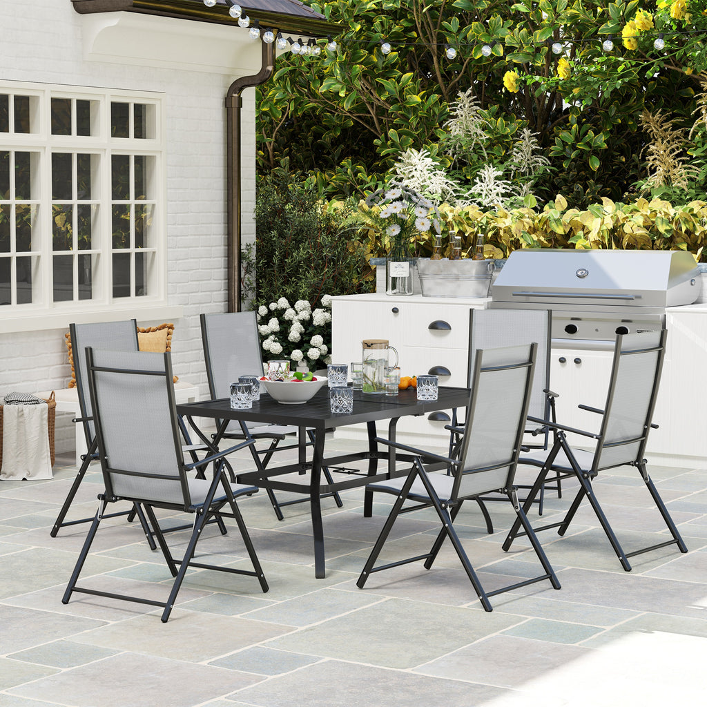 7-Piece Garden Set with Dining Table with Umbrella Hole and 6 Folding Chairs, Gray