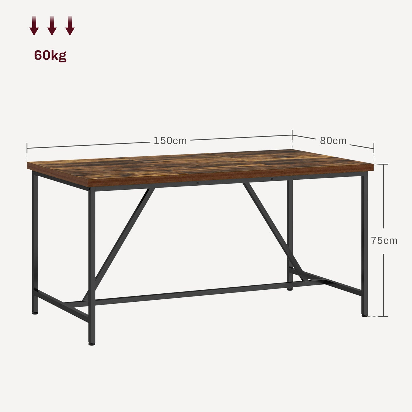 Industrial Style Dining Table for 6 People in Wood and Steel, 150x80x75 cm, Brown