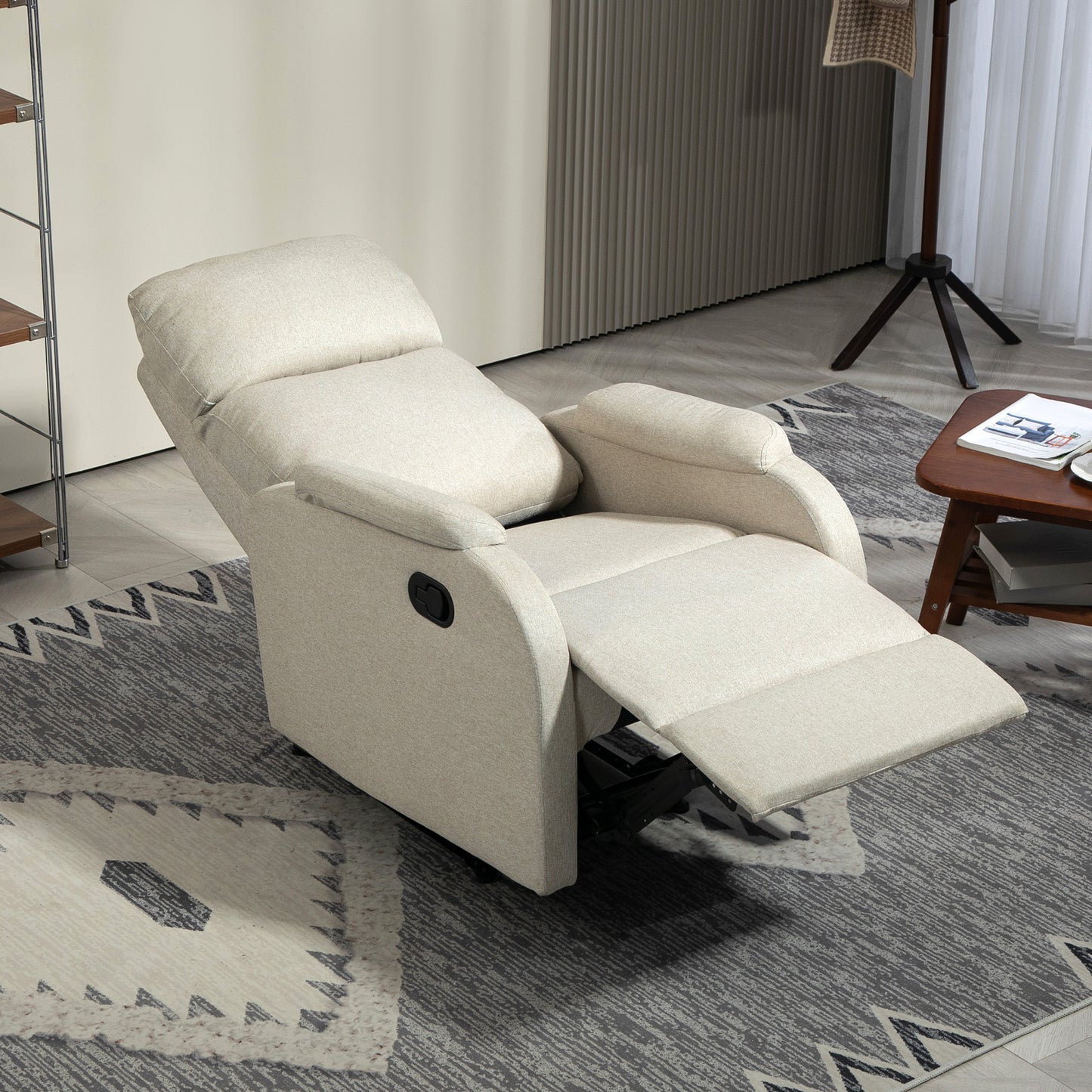 Manual Recliner Relax Armchair with Fabric Footrest and Thick Padding, Beige