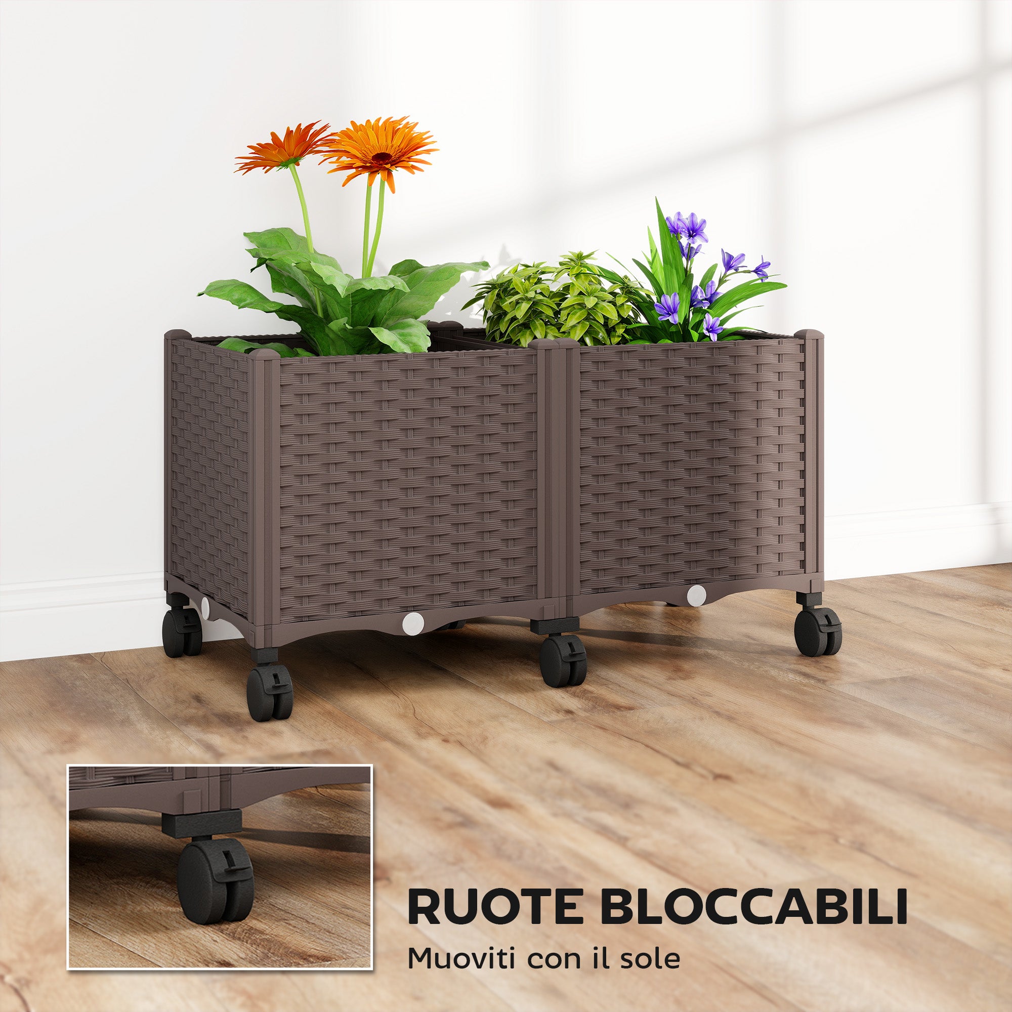 Outsunny 85L Raised Planter with Lockable Wheels, Self-Watering and Drainage Holes, Brown
