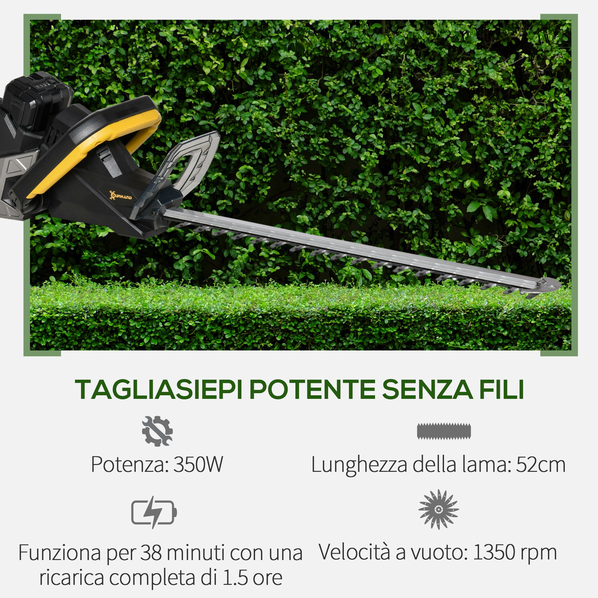 Battery-Powered Electric Hedge Trimmer with 180° Adjustable Ergonomic Handle and 52cm Blade