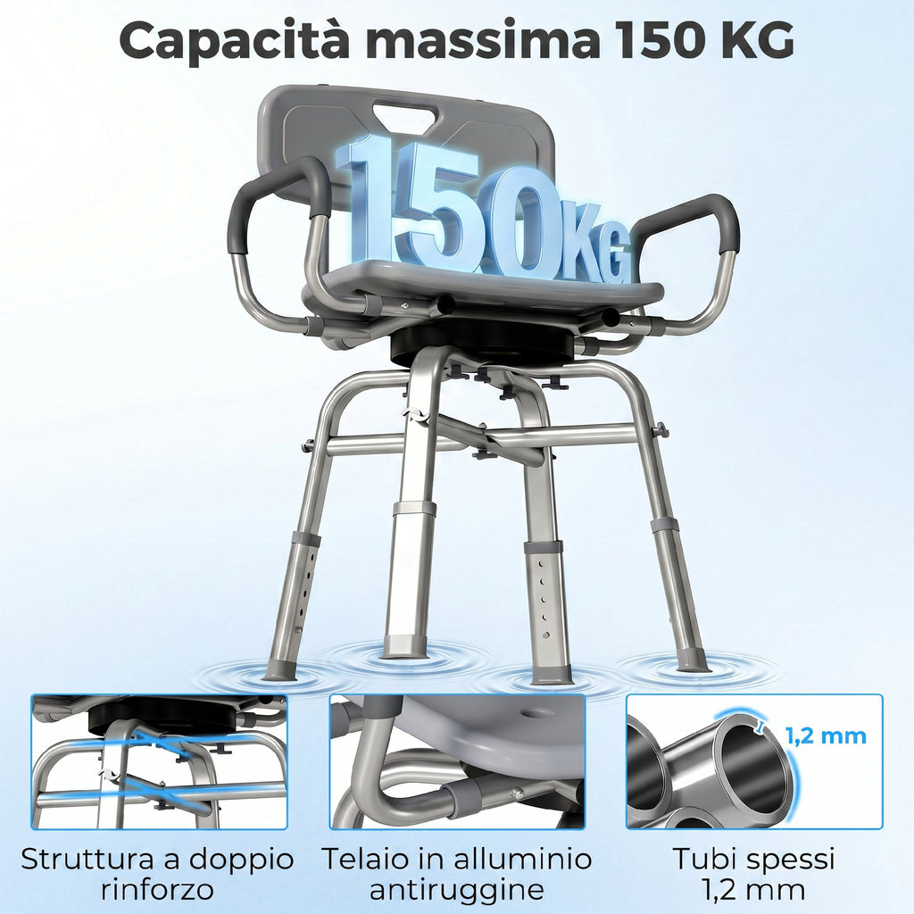 HOMCOM Height-Adjustable Swivel Shower Chair with Armrests, Backrest, 150kg Capacity, Grey