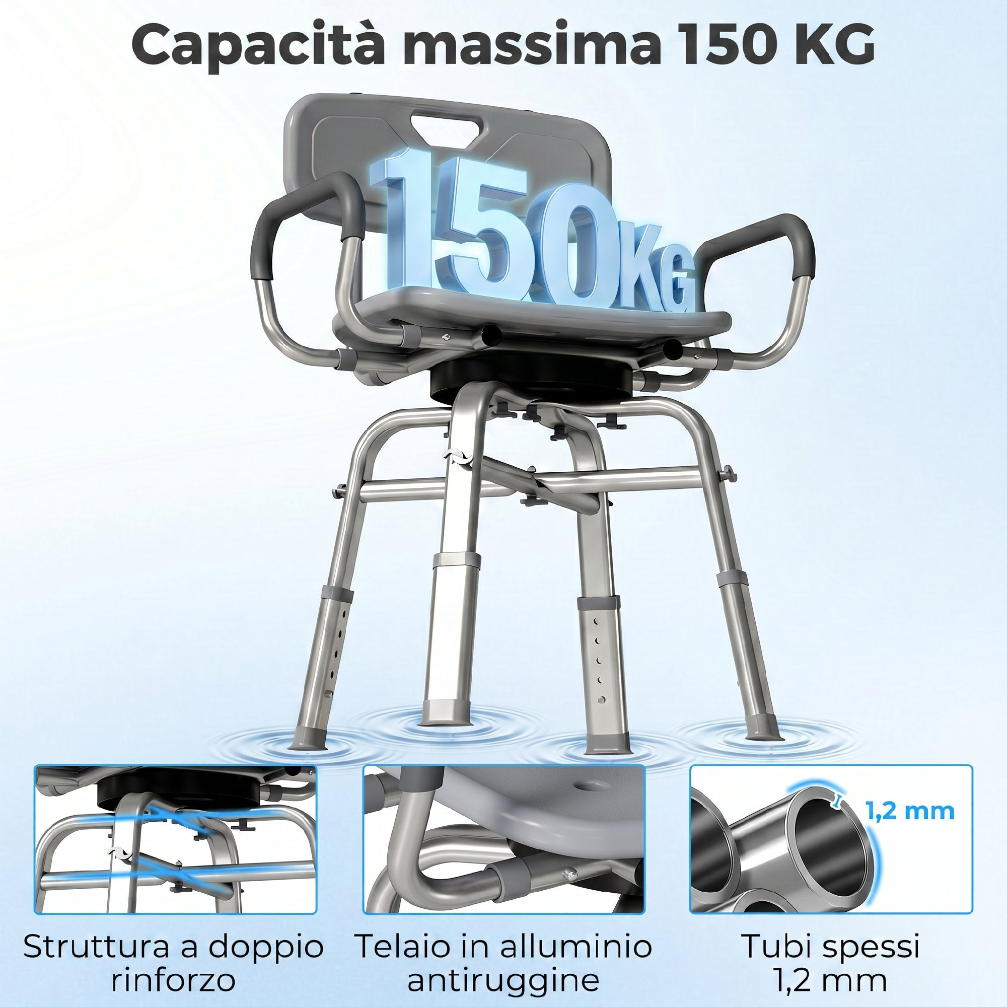 HOMCOM Height-Adjustable Swivel Shower Chair with Armrests, Backrest, 150kg Capacity, Grey