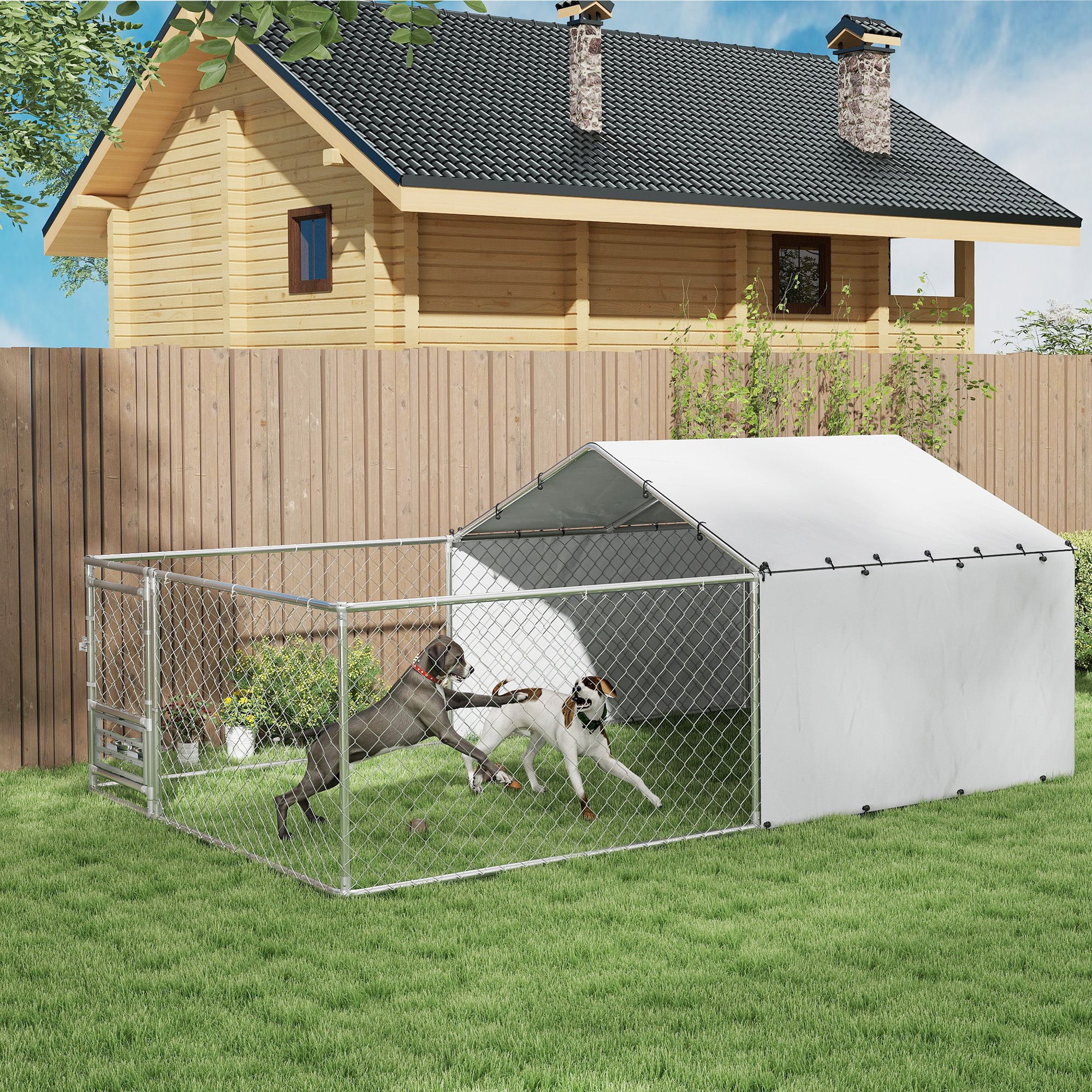 Dog Playpen with Covers and Rotating Bowls, Steel and Oxford Fabric, 4x2.3x1.5 m, Silver