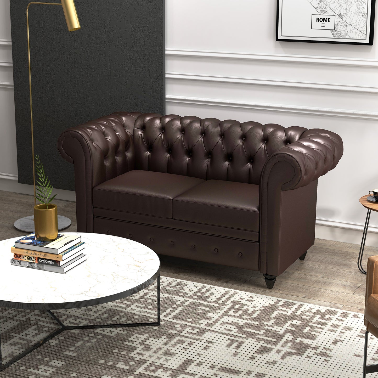 Homcom Chesterfield style 2 seater sofa with removable pillow, in ears, wood and metal, 160x84x80 cm, brown - Borgè