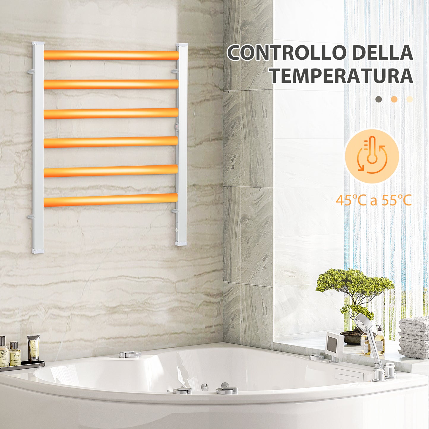 Electric Towel Warmer 140W with 6 Bars, Temperature 45°C-55°C, in Aluminum, 69x36x90 cm, Silver