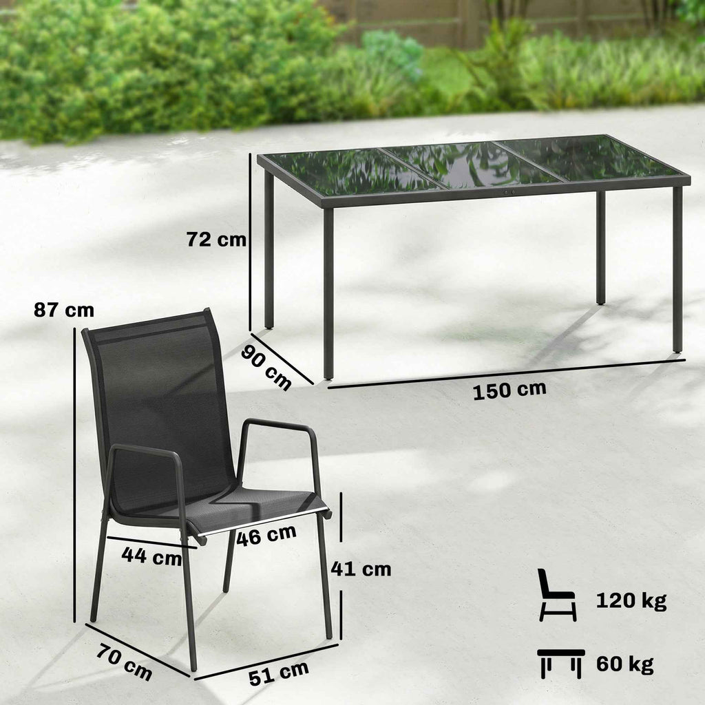 Outsunny 7-Piece Steel Outdoor Set with 6 Stackable Texteline Chairs and Glass-Top Coffee Table, Black