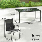 Outsunny 7-Piece Steel Outdoor Set with 6 Stackable Texteline Chairs and Glass-Top Coffee Table, Black