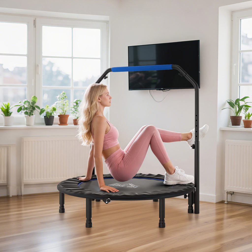 HOMCOM Mini Fitness Trampoline Ø114 cm Foldable with Height-Adjustable Handlebar, Blue and Black