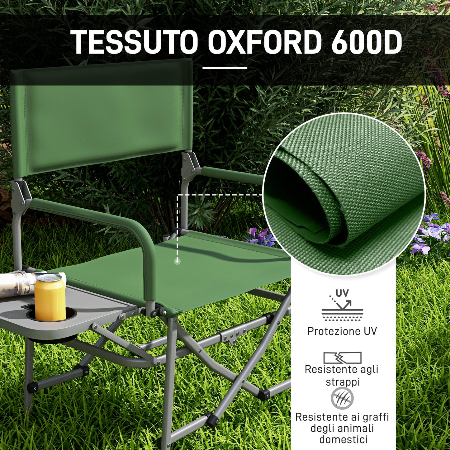 Outsunny Folding Camping Chair with Side Table, in Metal and Oxford Fabric, 81x51x87 cm, Green - Borgè