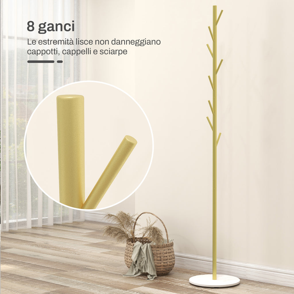 Freestanding Coat Rack with 8 Hooks, Marble and Steel Base, Ø32x164cm, Gold