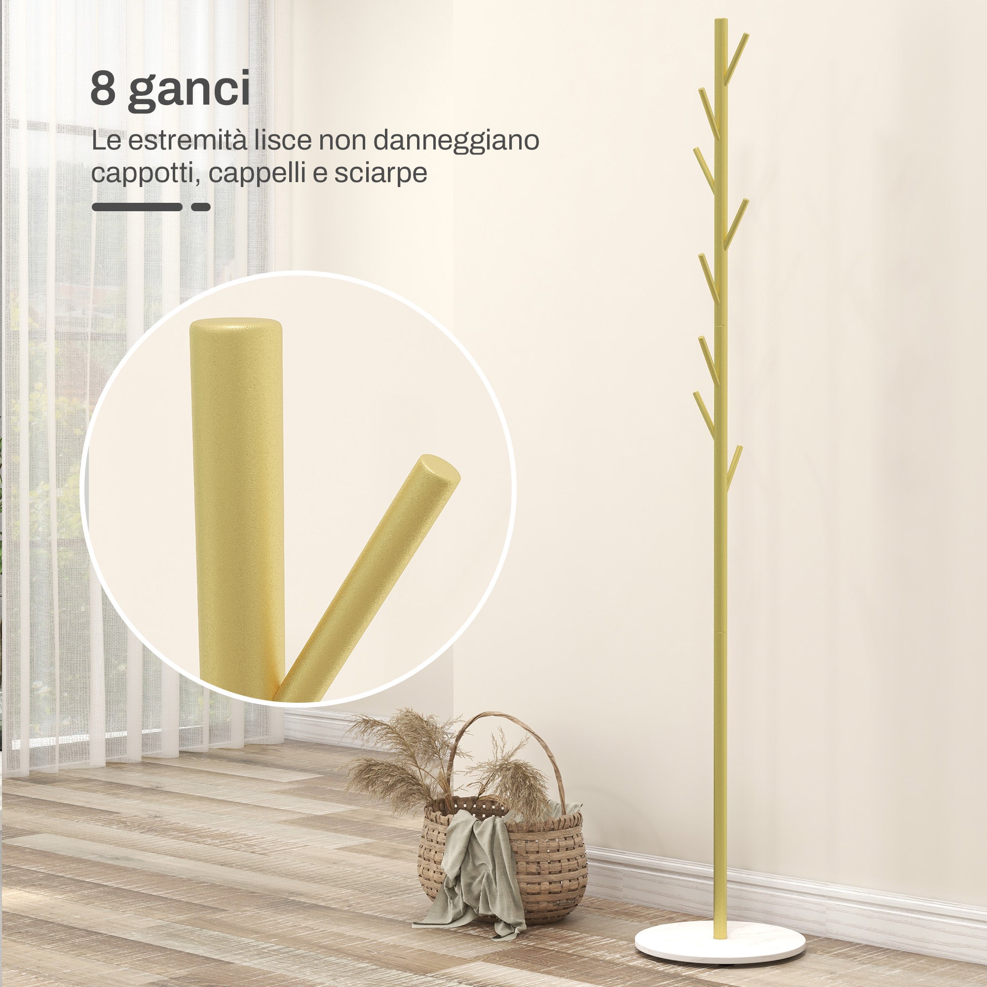 Freestanding Coat Rack with 8 Hooks, Marble and Steel Base, Ø32x164cm, Gold