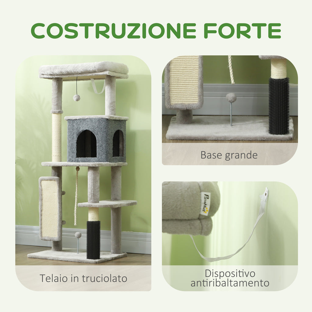132cm High Multi-Level Cat Tree with House, Bed, Scratching Posts, Brush and Ball, Grey