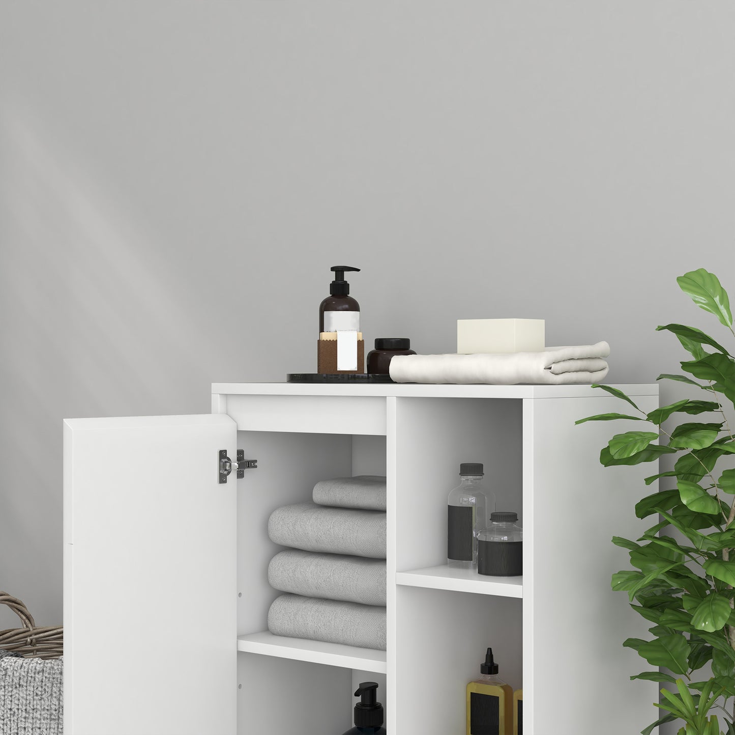 Bathroom Cabinet with 3 Open Shelves and One-Door Cabinet with Adjustable Shelf, 53x30x80cm, White