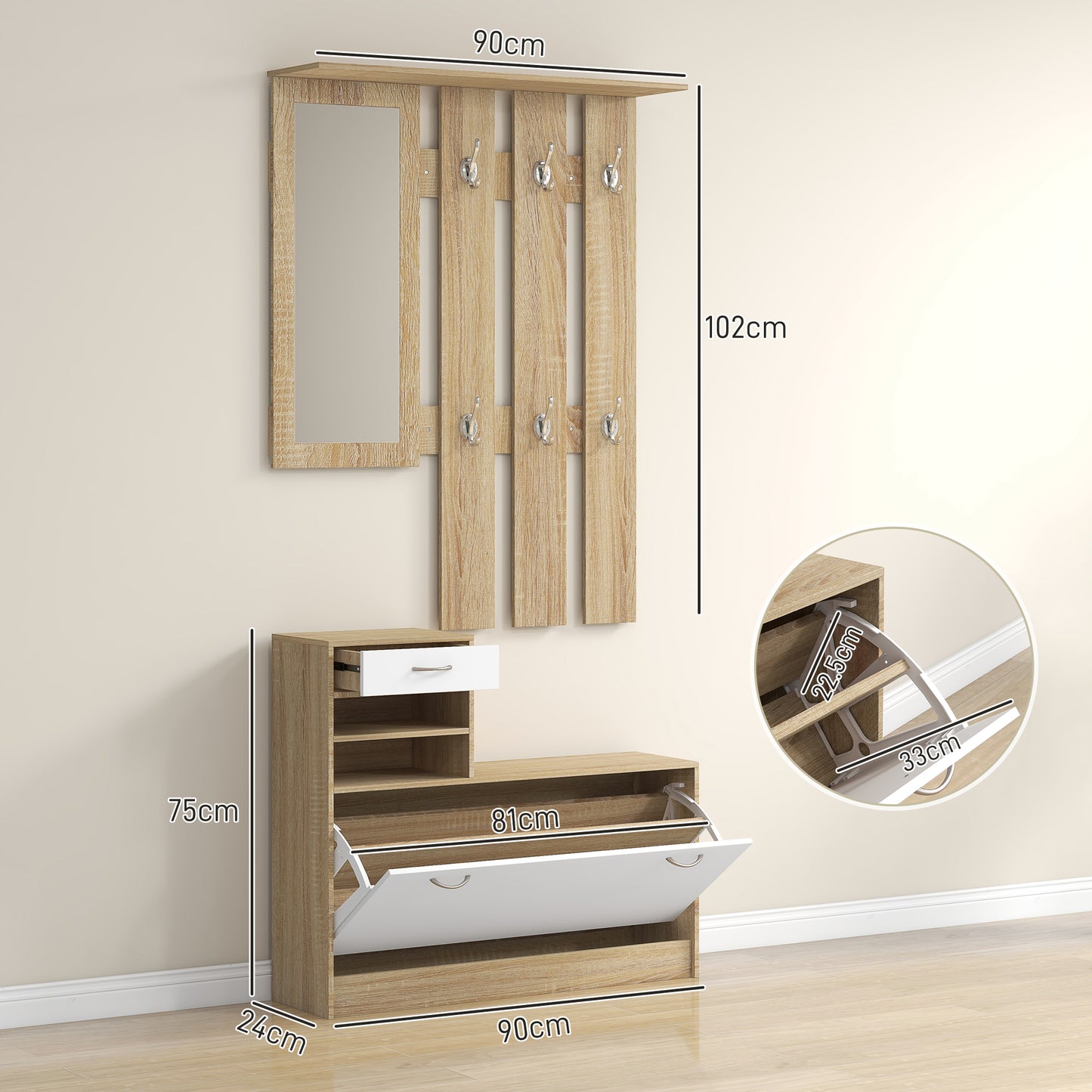 TWENTY | Coat Stand 3 in 1 with Shoe Rack and Mirror, Hooks and Drawers, in Wood, 90x24x177 cm, White and Oak